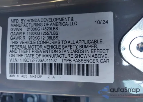 2025 Honda Accord Hybrid Sport-L из США, поврежденный, VIN 1HGCY2F70SA011102